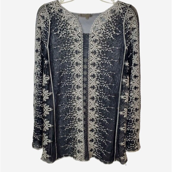 Capri Sheer Blouse Womens Small Black White Embroidery Lace Detail Lagenlook - Picture 3 of 10